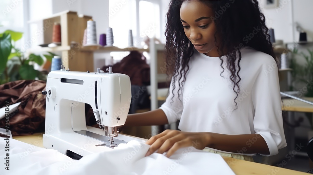 Seamstress works at home. She creates new items of clothing. A tapestry ...