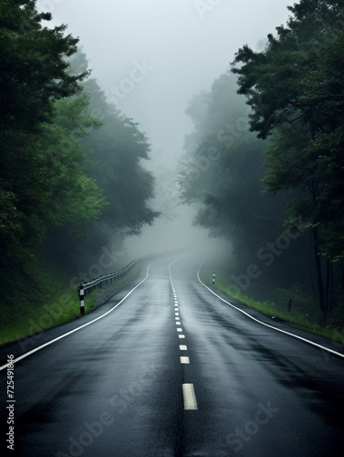 Empty winding evening road leading through a mist-covered forest under a brooding cloudy sky, evoking mystery and tranquility.
