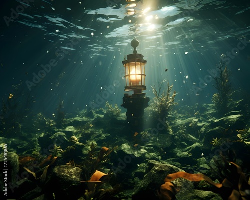 Lantern in the sea, underwater view, 3d rendering photo
