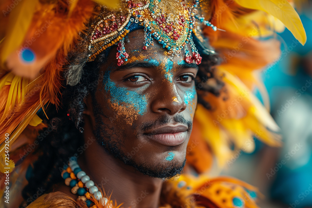 AI generated illustration of a portrait of a man adorned with a feather headdress and head feathers AI generated illustration of a portrait of a man adorned with a feather headdress and head feathers
