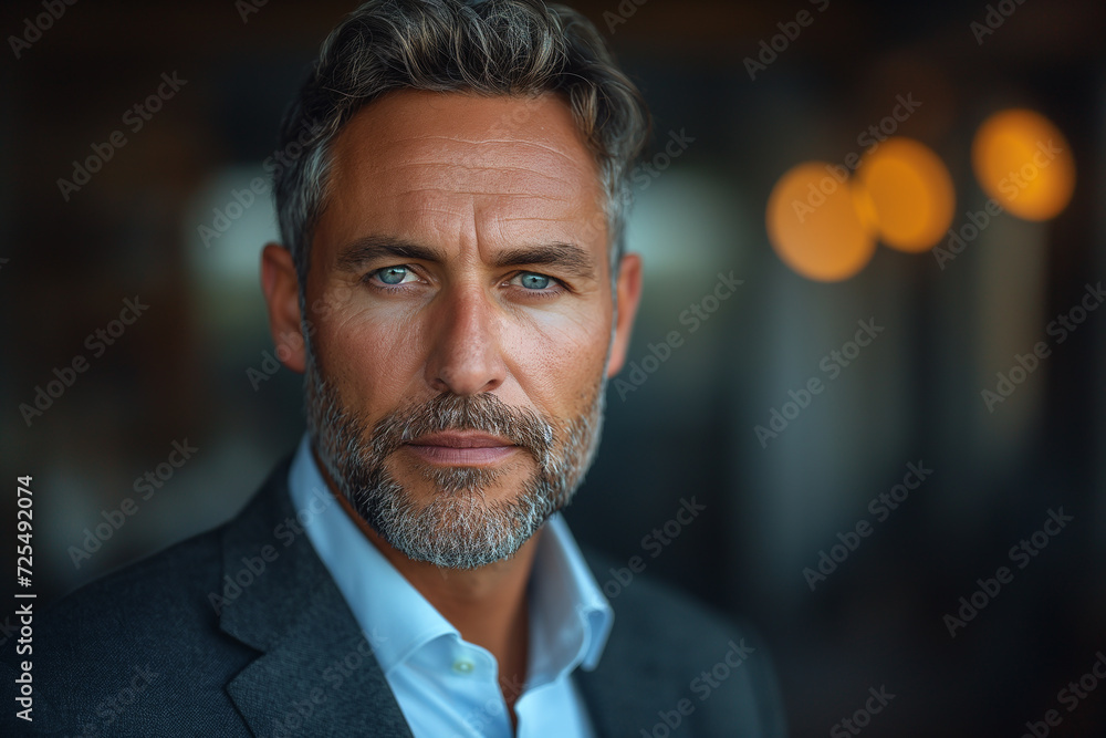 AI generated illustration of a stylish, bearded man in a sleek suit jacket, white shirt, and tie - obrazy, fototapety, plakaty 