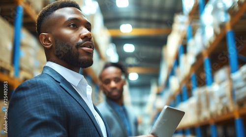 Close up diverse black african american male workers manager in light warehouse distribution logistic centre holding tablet