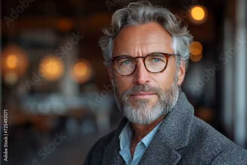 AI generated illustration of a stylish man with spectacles and an elegant coat glances sideways photo