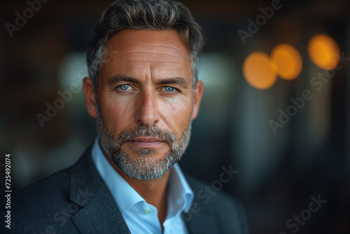 AI generated illustration of a stylish, bearded man in a sleek suit jacket, white shirt, and tie photo