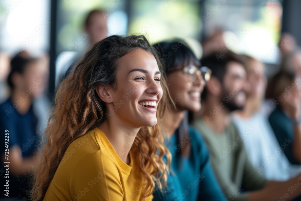 Close-up shot featuring a people of people with genuine smiles and laughter, thoroughly engaged in a startup business talk Close-up shot featuring a people of people with genuine smiles and laughter, thoroughly engaged in a startup business talk