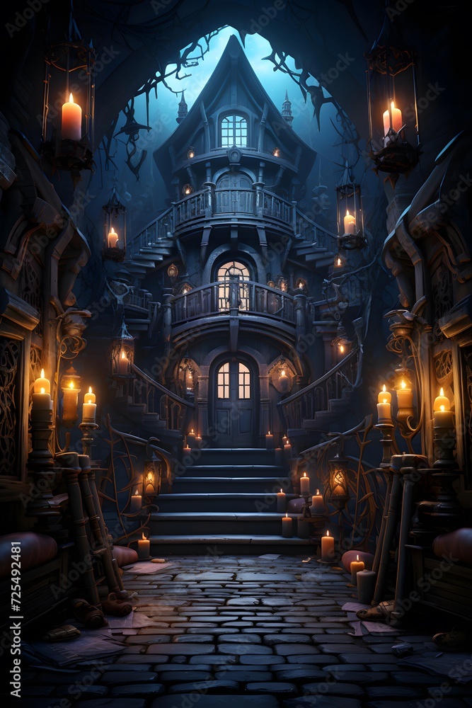 Mystical gothic church interior. 3D rendering.