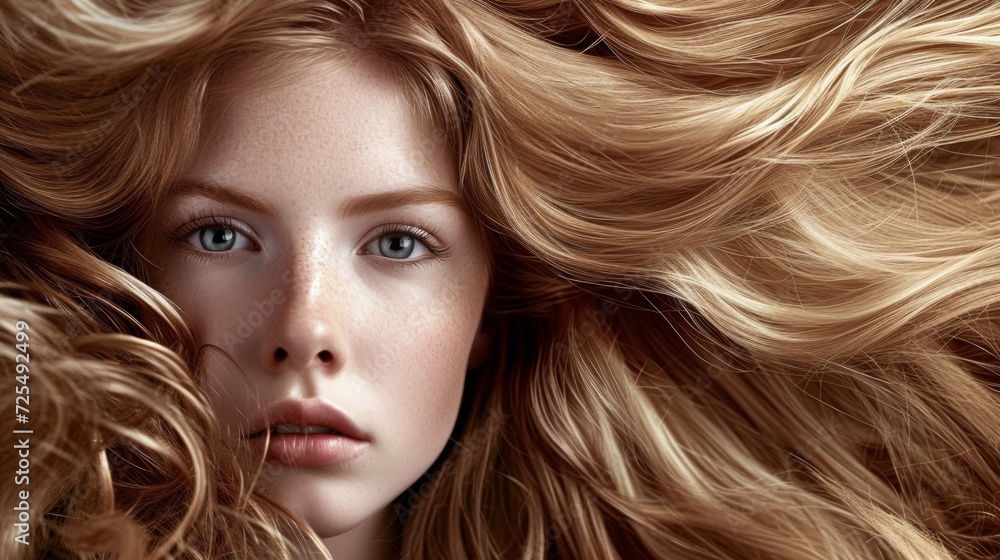 Young woman with long hair in fashion editorial style. Hair blowing in the wind. Trendy hair style Young woman with long hair in fashion editorial style. Hair blowing in the wind. Trendy hair style
