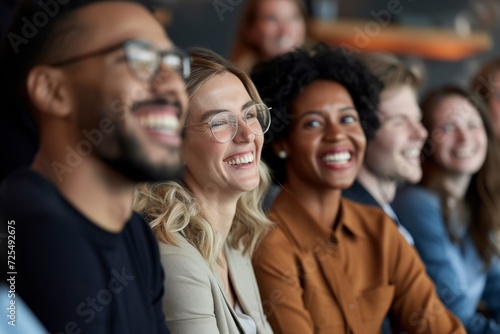 Close-up shot featuring a people of people with genuine smiles and laughter, thoroughly engaged in a startup business talk