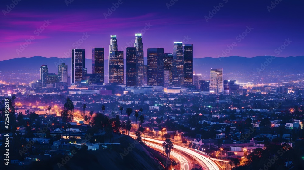 Panoramic view of downtown Los Angeles at night, California, USA