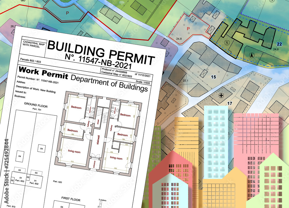 Building Permit concept with imaginary General Urban Plan and cadastral ...