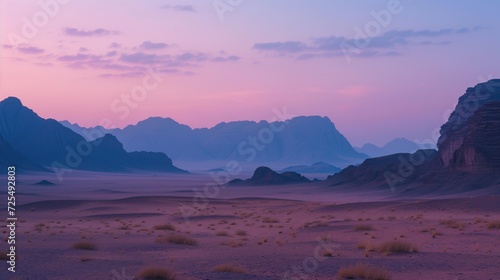 Beautiful purple mountainous desert foggy landscape at sunrise dawn