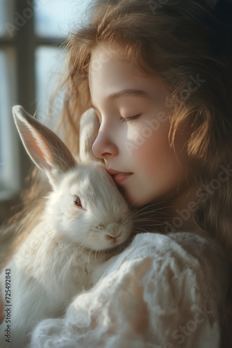 Young girl gently cradles a fluffy bunny rabbit in her arms, their soft fur blending with her own skin as they share a peaceful moment indoors © Vuk