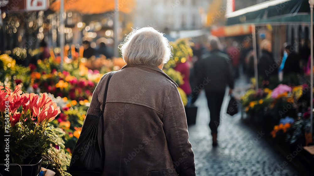 elderly person enjoys a leisurely morning shopping for vibrant flowers at a market