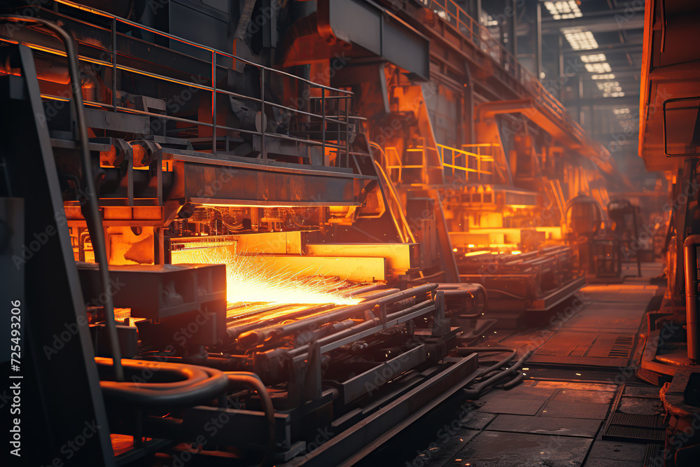 Intense heat and glow of steel components amid the industrial ambiance of a metallurgic production line.