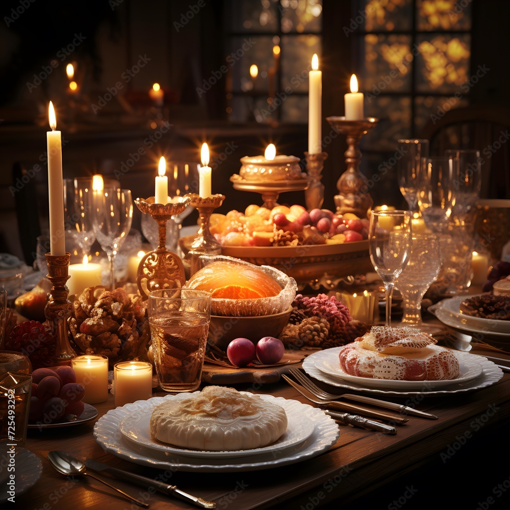 Easter table with cakes, eggs and candles in a dark room