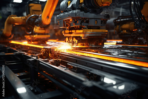 Intense heat and glow of steel components amid the industrial ambiance of a metallurgic production line.