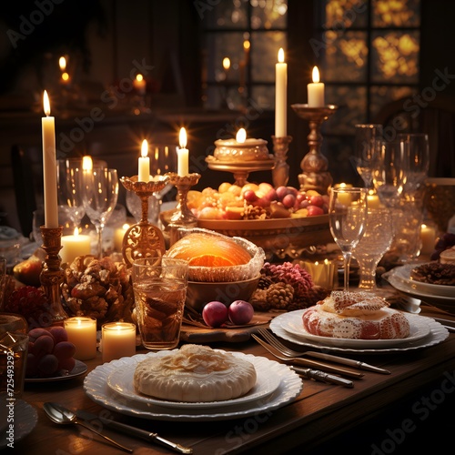 Easter table with cakes, eggs and candles in a dark room