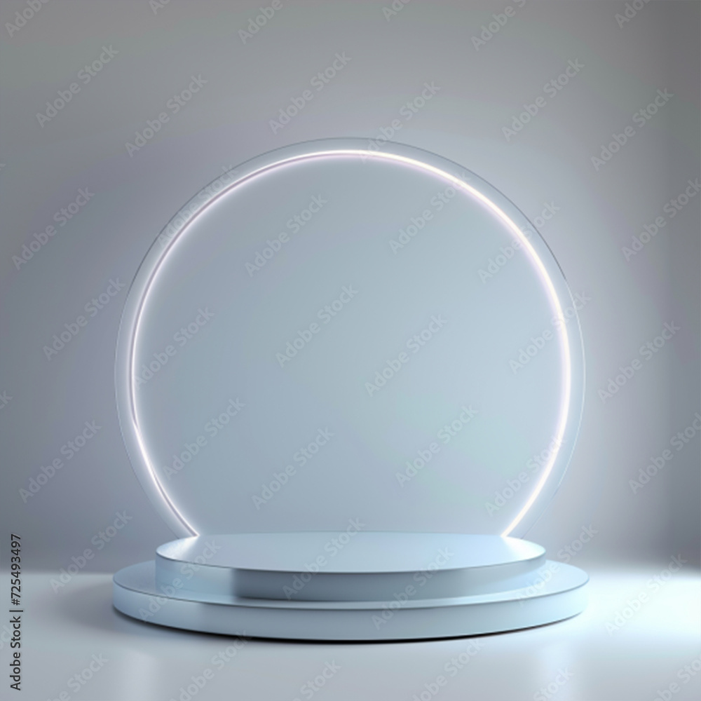 Abstract shine silver cylinder pedestal podium. Sci-fi white empty room concept with semi circle glowing neon lighting. Vector rendering 3d shape ai technology Abstract shine silver cylinder pedestal podium. Sci-fi white empty room concept with semi circle glowing neon lighting. Vector rendering 3d shape ai technology