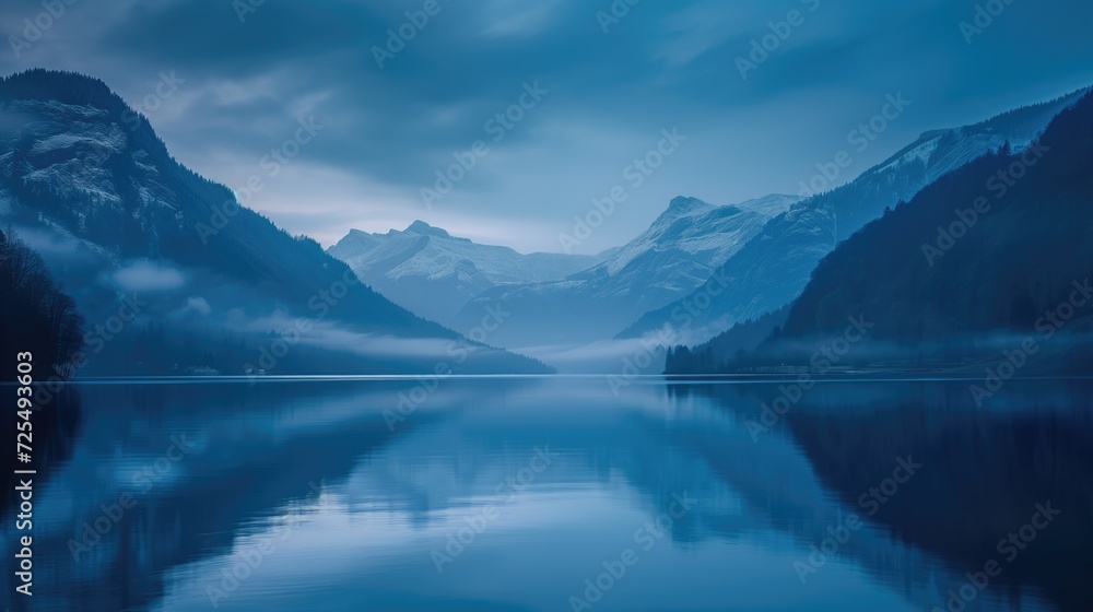Beautiful still lake and mountains cold dusk landscape with some clouds and water reflection