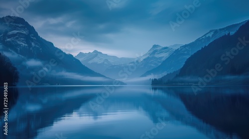 Beautiful still lake and mountains cold dusk landscape with some clouds and water reflection photo