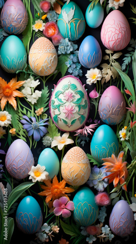 Colorful patterned Easter eggs surrounded by spring flowers on a dark background create a festive and spring mood. Easter celebration. Spring festival