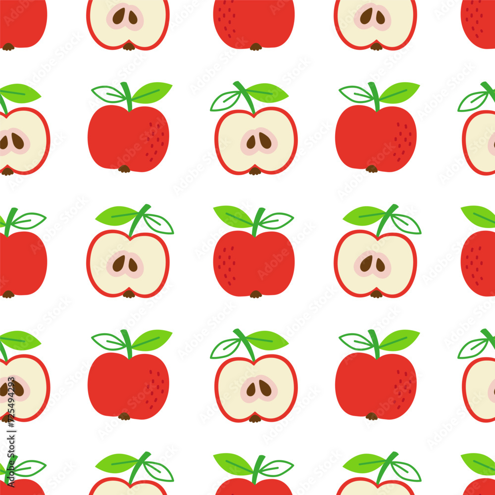 Vector hand drawn seamless pattern in a doodle style. Whole apples and half apples on white background Vector hand drawn seamless pattern in a doodle style. Whole apples and half apples on white background