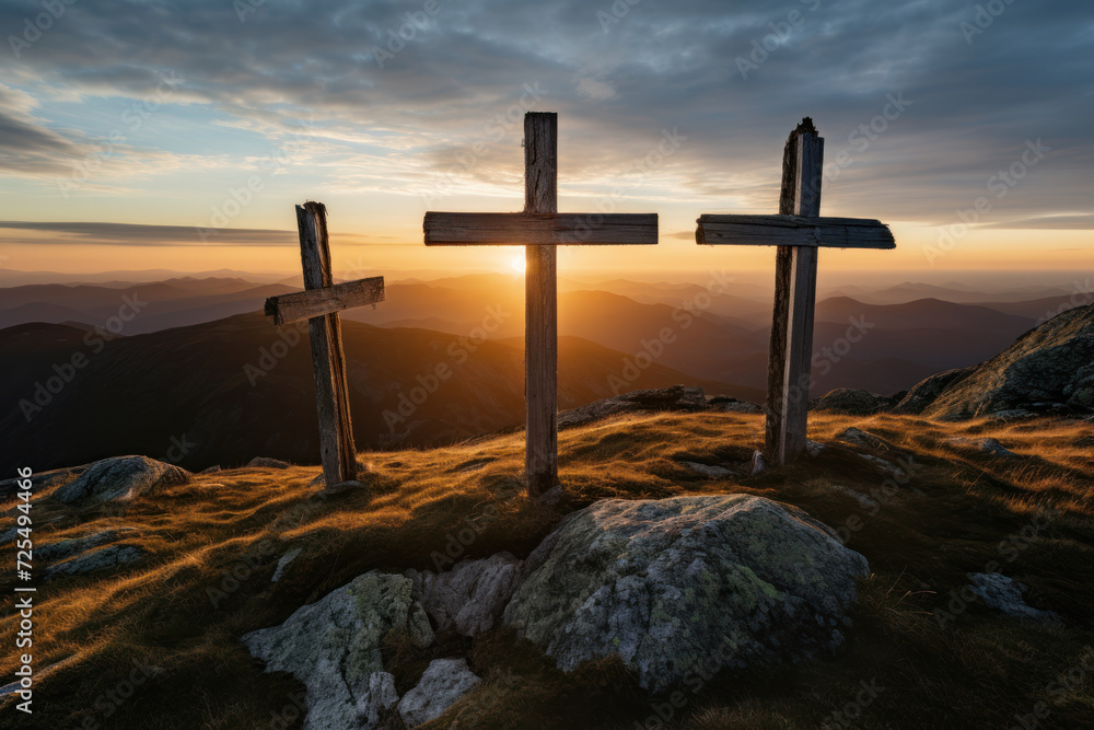 Obraz premium Golden hour silhouette of three crosses on mountain summit
