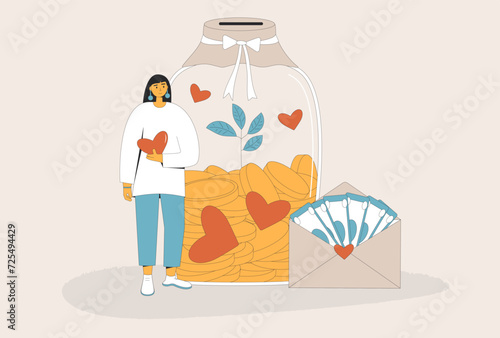 Donation concept. International charity day. Young founder of nonprofit organization standing near glass jar money. Volunteer vector