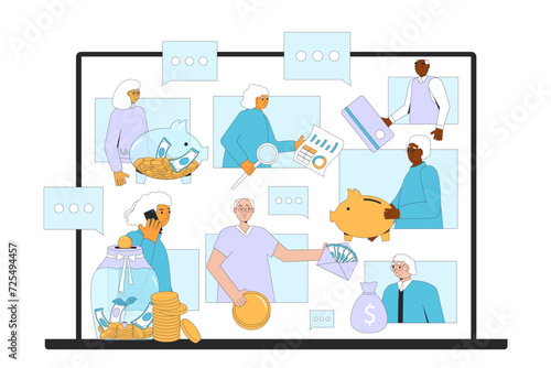 Financial club online for senior people. Retirement plans and literacy for older adults. with money. Savings and budget community. Vector illustration.