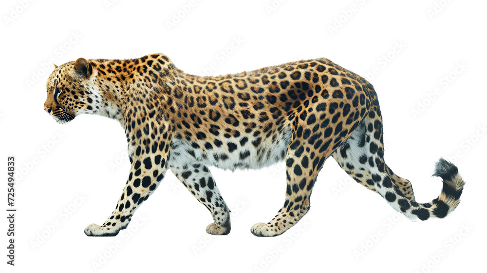 Majestic Leopard Striding Across White Background Majestic Leopard Striding Across White Background