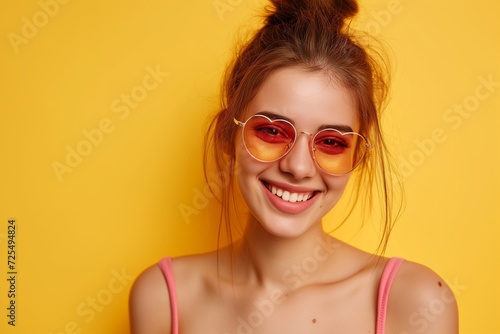 Happy cool young woman wearing heart-shaped sunglasses, AI-generated.