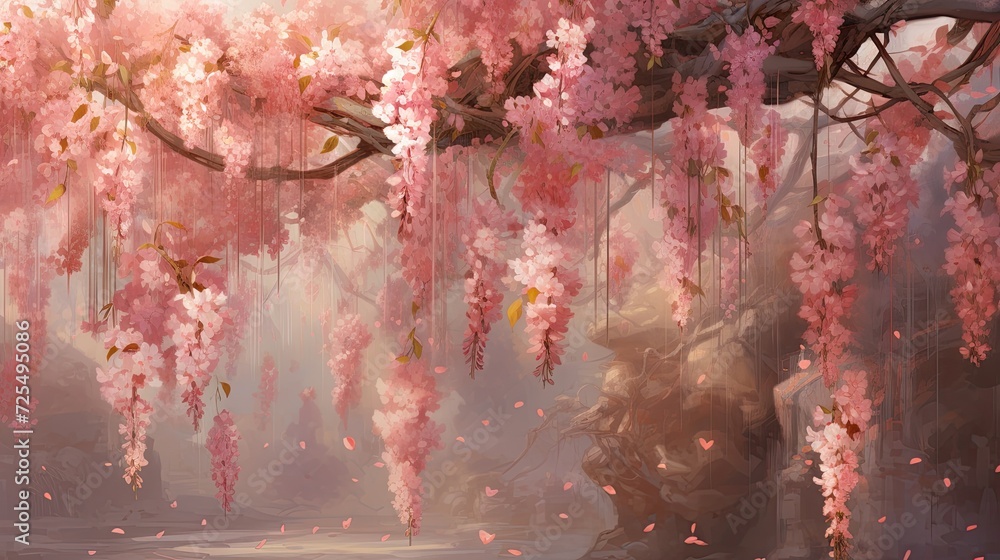 Fototapeta premium Illustration of hanging garlands of cherry blossoms, romantic style