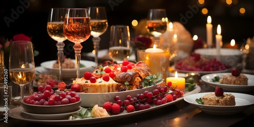 Christmas table with food and wine. Selective focus. Holiday.