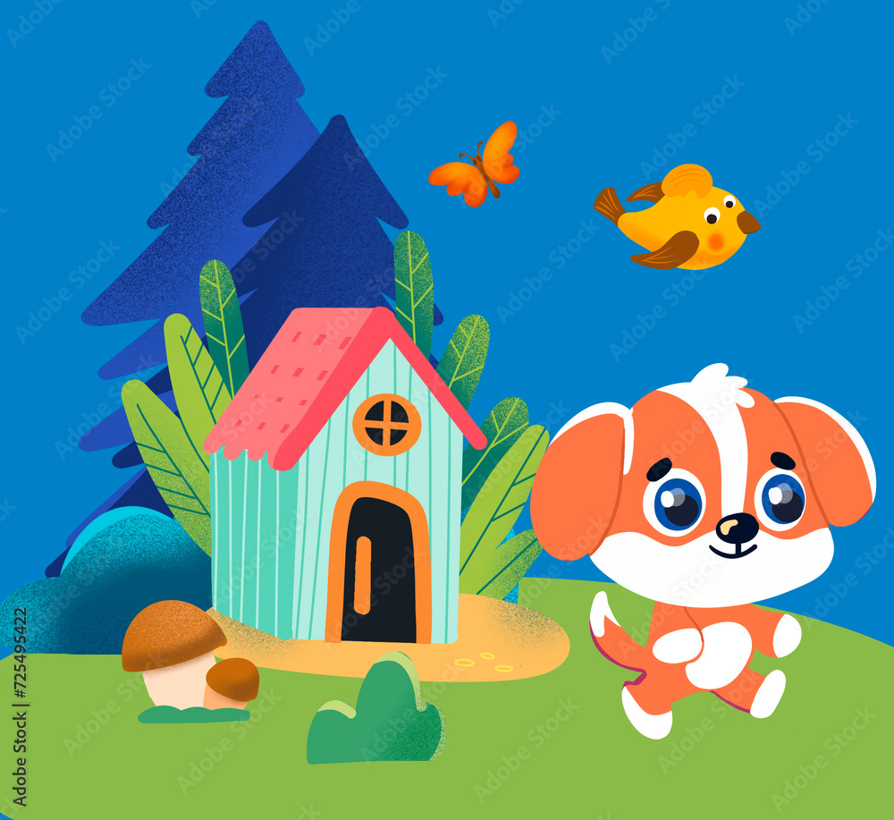 Cute dog walking through woods near house. Cartoon illustration. Full texture picture, scene for design. Cute dog walking through woods near house. Cartoon illustration. Full texture picture, scene for design.