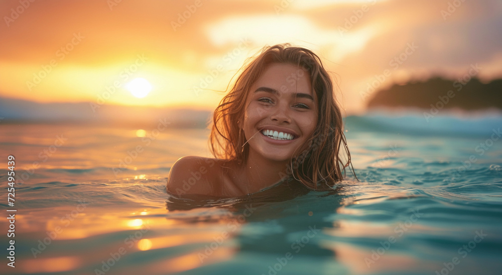 Woman Smiles as She Swims in the Ocean Woman Smiles as She Swims in the Ocean