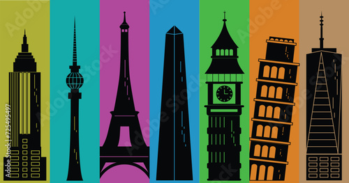 World's tourism day. Travel and tourism background. Famous buildings in the world against colorful backgrounds. Used for travel and tourism backgrounds, courier services, posts. EPS.