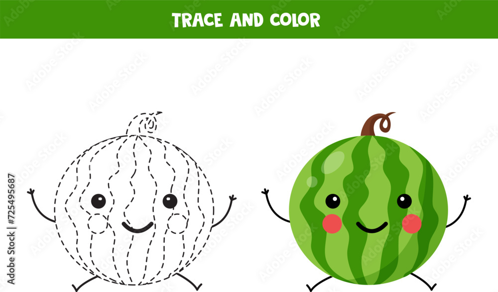 Obraz premium Trace and color cute green watermelon. Printable worksheet for children.