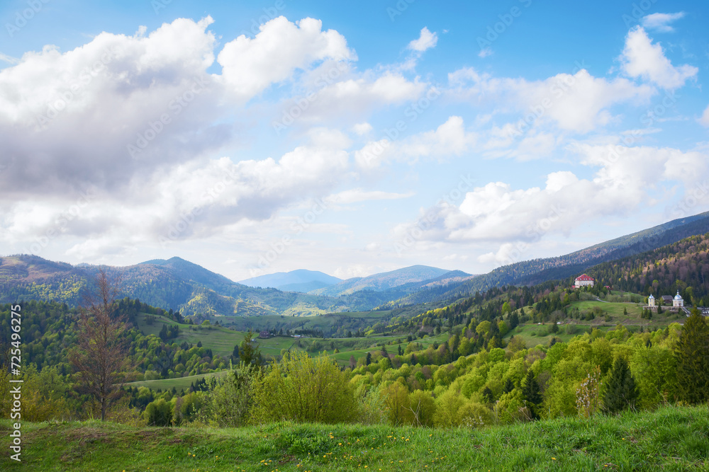 natural beauty of the ukrainian mountainous rural landscape in spring. alpine countryside scenery with grassy rolling hills in evening light. mountain ridge in the distance beneath a sky with clouds