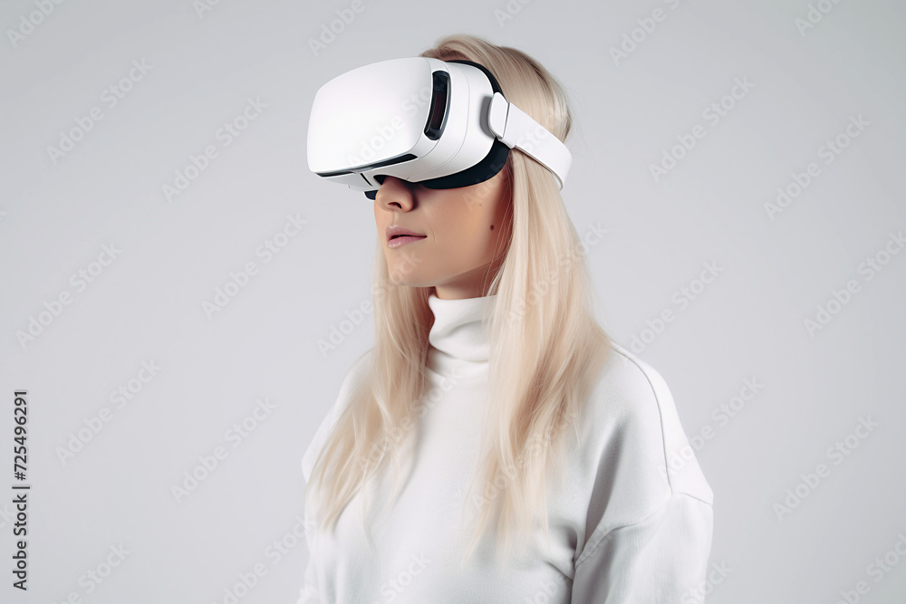 Blonde woman in VR headset, a modern symbol of AI advancement, virtual reality, and the emerging metaverse. Blonde woman in VR headset, a modern symbol of AI advancement, virtual reality, and the emerging metaverse.