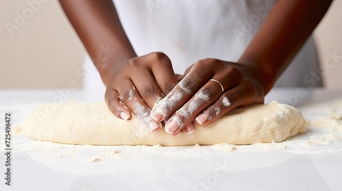 woman dark Hands kneading dough on a floured wood surface, baking process, fresh ingredients visible, culinary art, home cooking. Generative AI 