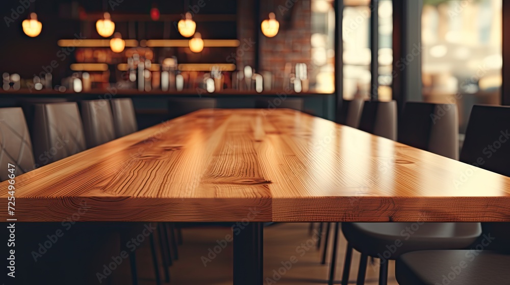 Wooden surface in soft focus in the foreground, , a blurred background that suggests a warm interior setting. Generative AI