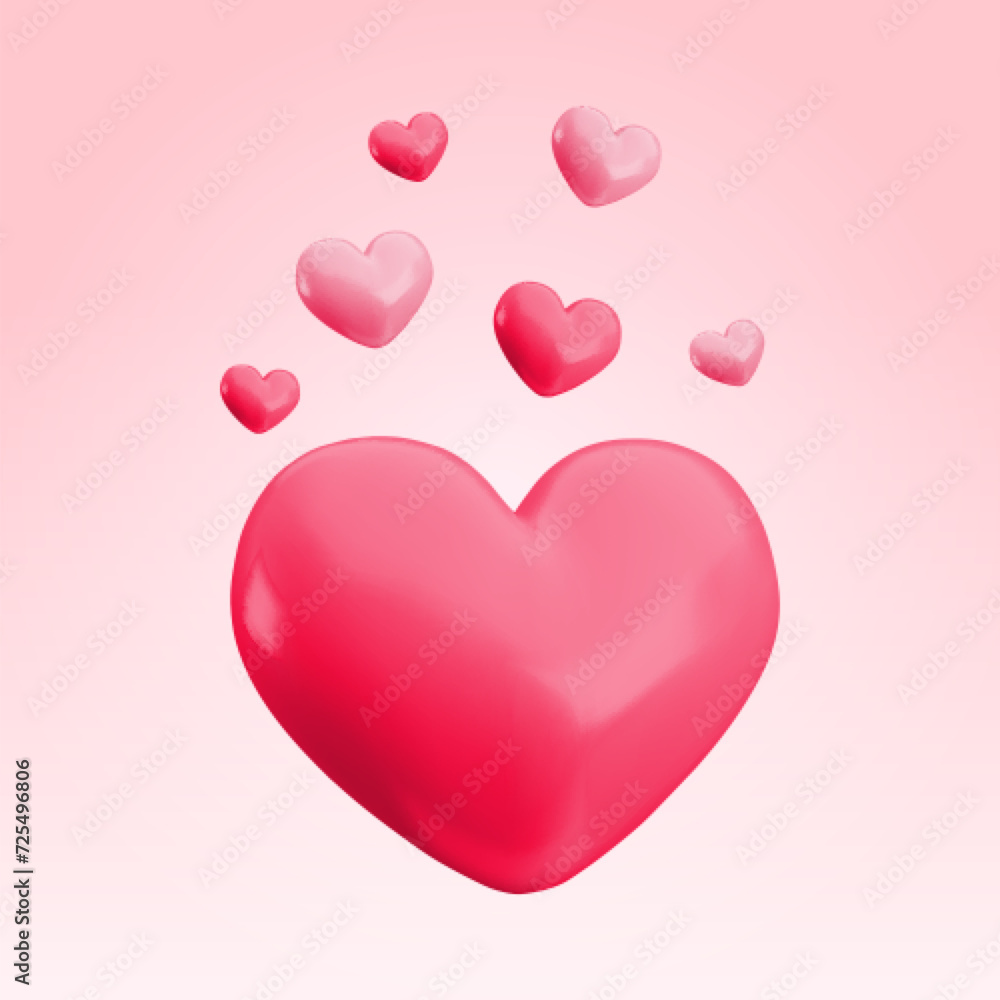 Vector 3d red and pink hearts abstract concept. Cute realistic glossy heart composition on soft pink background. Minimal 3d render love heart illustration for Valentines day, Mothers Day, wedding