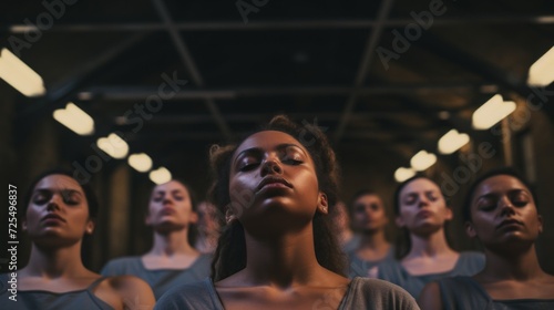 Group of young people of different races sitting with their heads thrown back and closed eyes, being in trance. Sectarians praying, performing rite indoor. photo