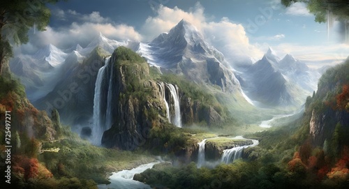 landscape with lake and mountains  waterfall  morning  jungle