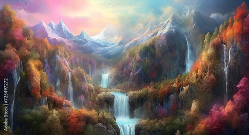 landscape with lake and mountains  waterfall  morning  jungle