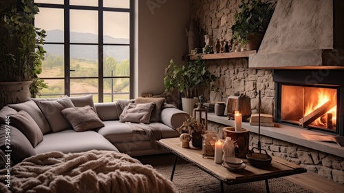 Grey cozy corner sofa and rustic coffee table in room with fireplace. French country, farmhouse home interior design of modern living room © Usman