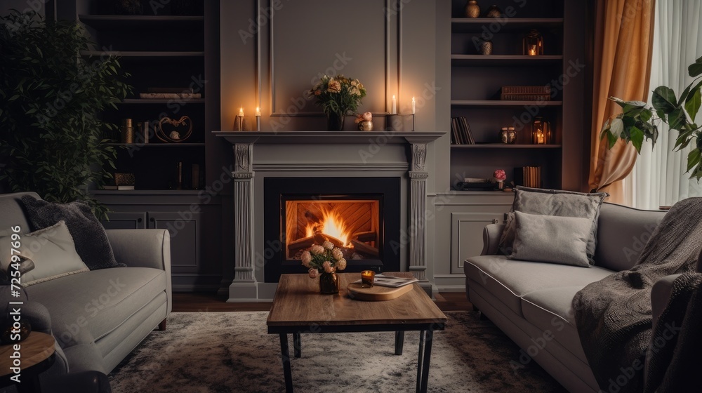Grey cozy corner sofa and rustic coffee table in room with fireplace. French country, farmhouse home interior design of modern living room Grey cozy corner sofa and rustic coffee table in room with fireplace. French country, farmhouse home interior design of modern living room