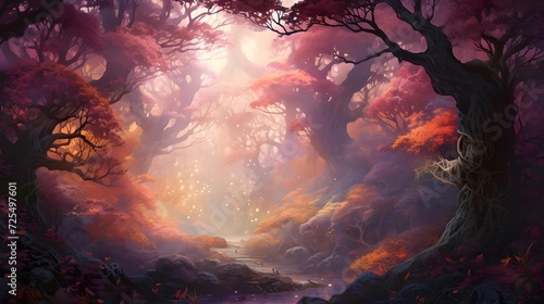 Beautiful fantasy landscape with a tree in the forest at sunset.