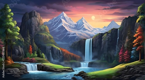 Wallpaper Mural landscape with lake and mountains, waterfall, morning, jungle Torontodigital.ca