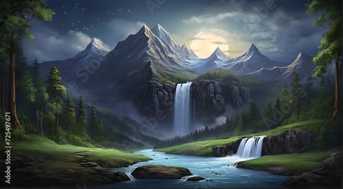 Wallpaper Mural landscape with lake and mountains, waterfall, morning, jungle Torontodigital.ca
